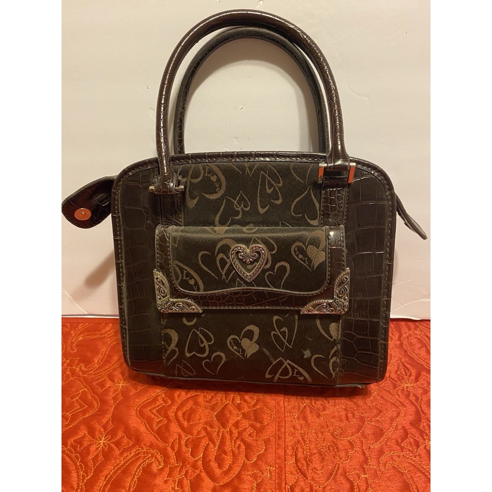 Faux Alligator & Fabric Handbag, Embossed Hearts Brown w/ Silver Heart Accents